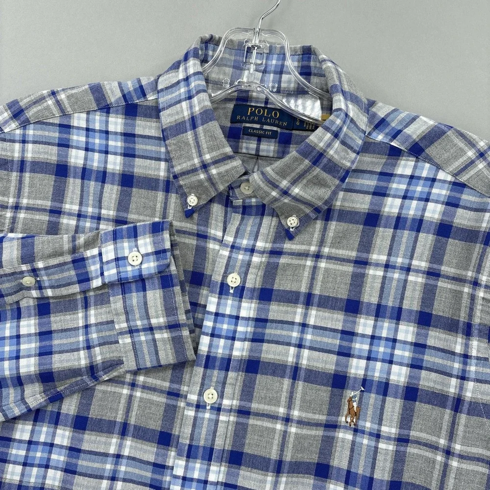 Polo Ralph Lauren Shirt Mens L Blue Plaid Classic Fit Button Down Long Sleeve